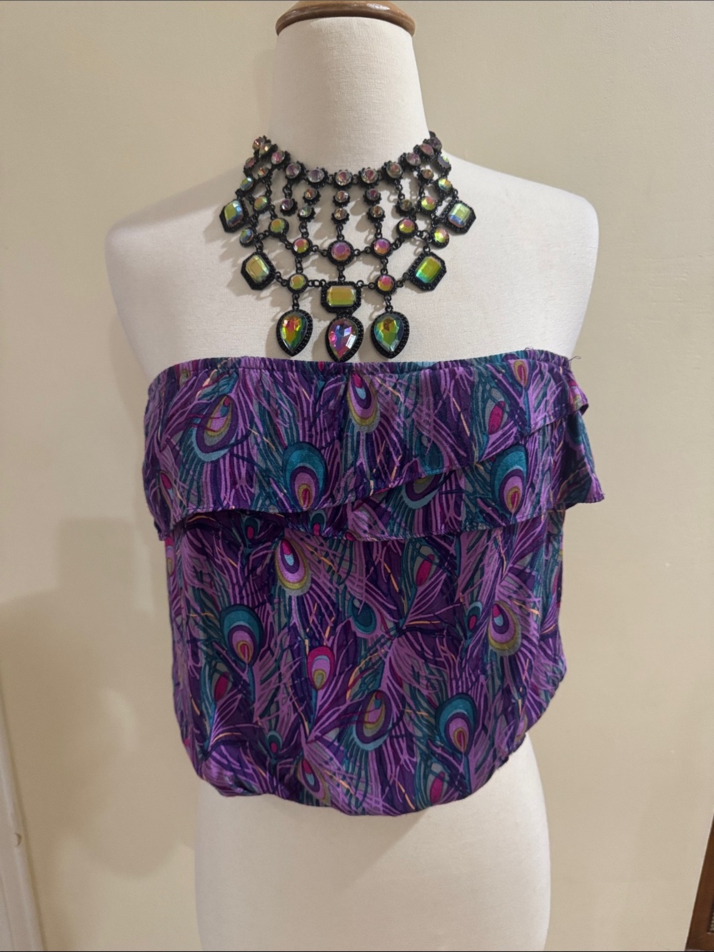 Purple Peacock-Print Strapless Ruffle Crop Top